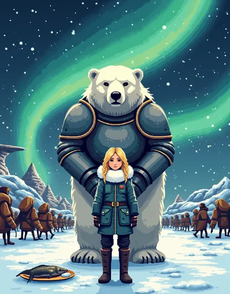 16-bit pixel art, promotional poster, promotional art for "The Golden Compass," 16-bit video game art, for a game based on renowned novel "The Golden Compass" by Philip Pullman, BREAK: (in the center of a movie poster grouping of characters, ((a blonde gir...