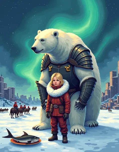 16-bit pixel art, promotional poster, promotional art for "The Golden Compass," 16-bit video game art, for a game based on renowned novel "The Golden Compass" by Philip Pullman, BREAK: (in the center of a movie poster grouping of characters, ((a blonde gir...