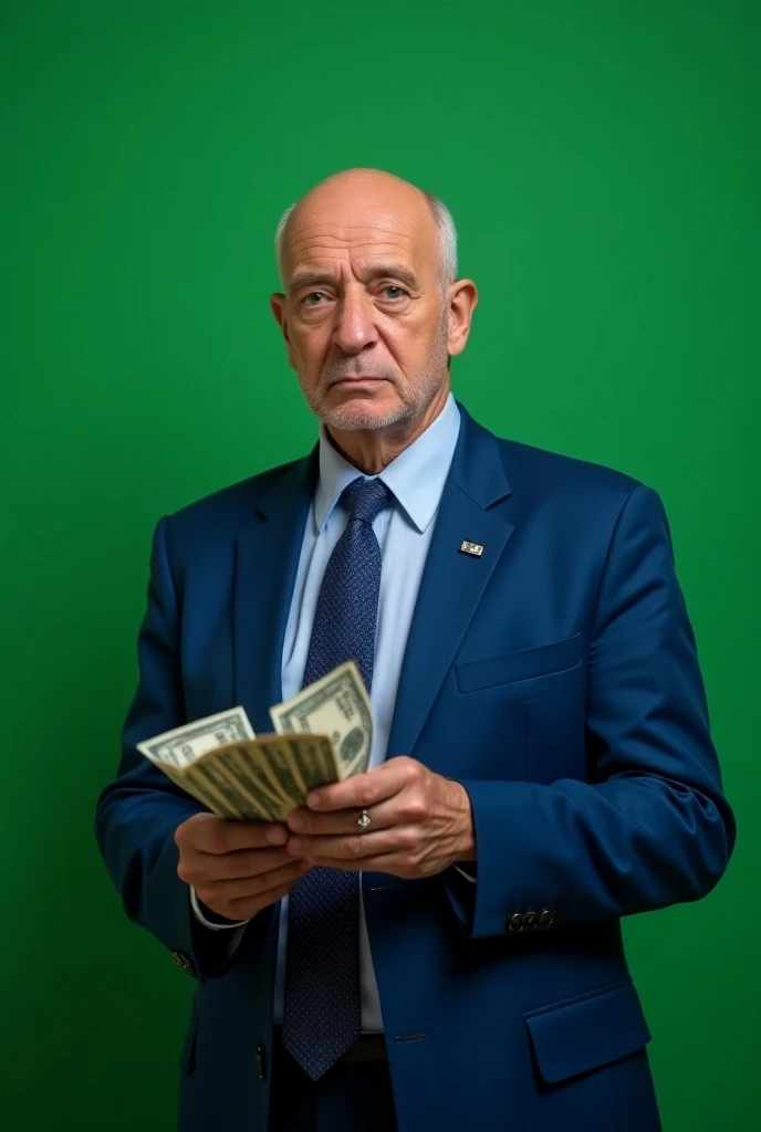 (photorealism:1.2),  Create a bald and beardless old man, in a blue suit,  holding up a wad of money looking up at the viewer on a cromakey green background. The man is facing the spectator. Move that image away a bit 