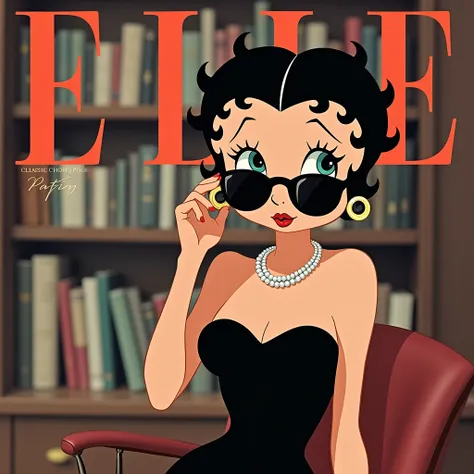 Betty boop, in a magazine covergirl of a magazine “ELLE”, wear movie “breakfast at tiffany’s” clothing, background magazine books shelves, classic, romance style 