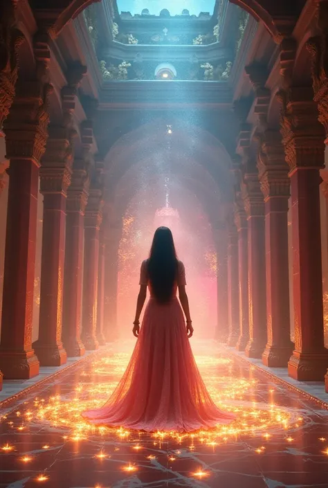 A clear ultra HD image of "The palace shimmering and transforming around Indian princess Swarna, colors swirling and the decor shifting as if responding to her decision. A mystical energy fills the air."