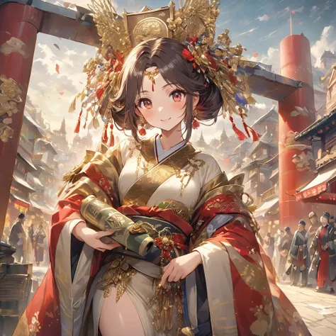 Hino Tomiko standing triumphantly in front of a checkpoint gate, dressed in a luxurious kimono adorned with gold and red accents, representing her wealth and authority. She holds a scroll in one hand, signifying her taxation policies. In the background, me...