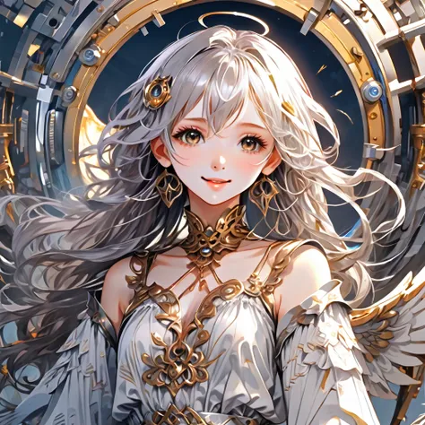 Absurd,anime,Detailed and beautiful eyes,(art),(artistic clothing:1.5),angel,gray hair,smile,(a girl:1.5),from the waist up,(small breasts:1.2),(small chest:1.2),mysterious,fallen Angel,Hello,(Large detailed hair ornament:1.2),(look away:1.5),detailed clot...