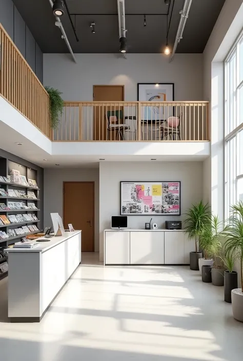 Create an image of a commercial space measuring 6 meters wide by 8 meters long, designed for a quick print shop, including a mezzanine. The room should have a modern design, well lit, with large windows that allow natural light to enter. The environment mu...