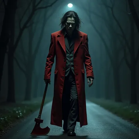 A urban legend creepy pasta man ,, wearing a long red suits he gas messy hair,,in hands he holding a axe ,,he walking in a road at night