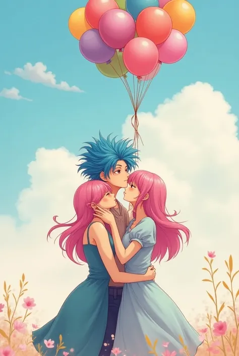 Blue-haired man holding balloons, pink-haired women kissing each other, manga