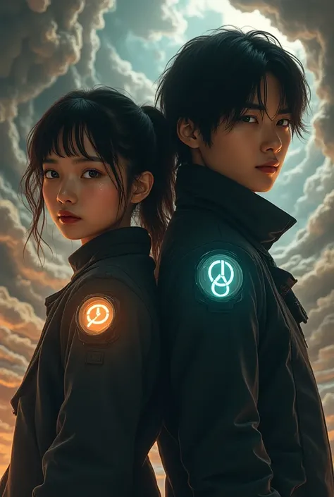 A beautiful young Asian woman with a brown ponytail and bangs wearing a luminous watch with a dramatically unusual shape、A long-haired, dark-haired young man with sharp eyes wearing a wacky shaped watch、Stand shoulder to shoulder with warped space-time in ...