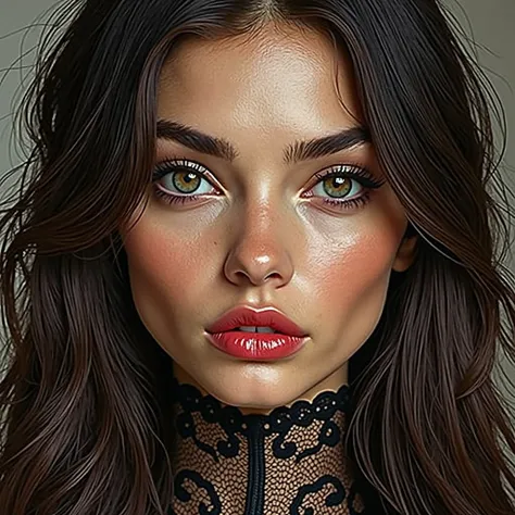 Slim woman in einem modernen wohnung. warme lichter. wears bodystocking jumpsuit schwarz mit cut outs und spitze. Woman has long brown hair. photorealistic details. Close-up into the camera. (Hyperrealism 1;2), slim women with long hair. curly hair. Red li...