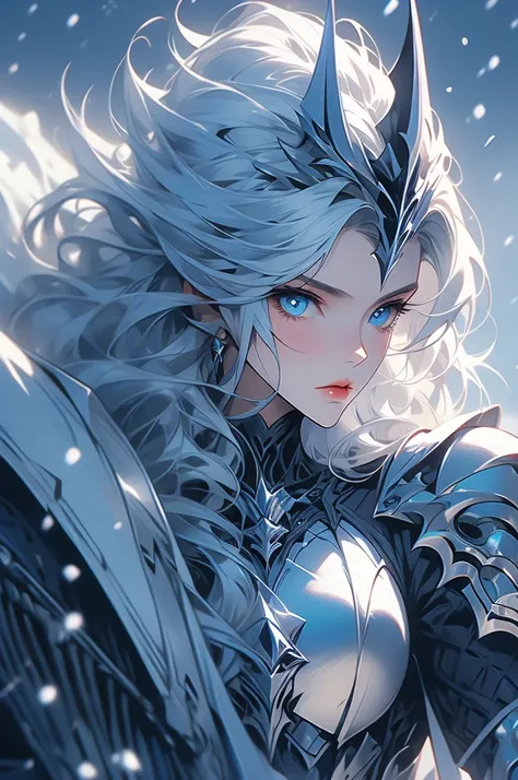 1girl, death knight riding skeletal horse, bone armor, icy blue eyes, white hair, snow