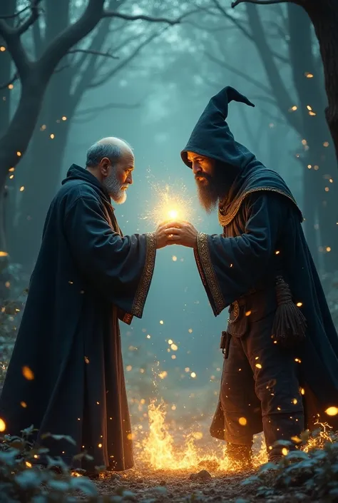 Defeating the Evil Sorcerer
"Bhola stands face-to-face with an evil sorcerer dressed in dark robes, casting spells. Bhola, with a determined expression, uses his wits to outsmart the sorcerer. Magical sparks and swirling energy fill the air as they battle....