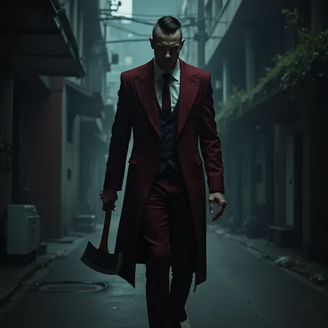 A urban legend creepypasta handsome man,, wearing a long red suits he has undercut hair,,in hands he holding a axe ,,he walking in a road at night