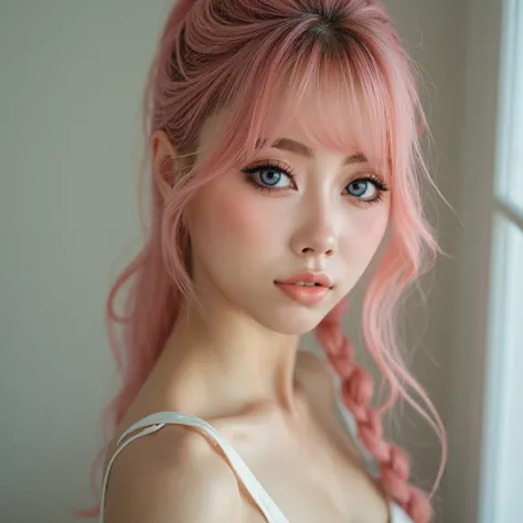 a 28 year old Japanese girl, beautiful, perfect face, green eyes, gorgeous, sweet and innocent, pink hair, green eyes, full body portrait, huge boobs, huge butt, hair is styled in a pony tail