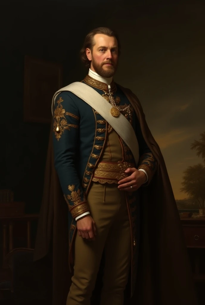 

“Create a classical oil painting portrait of a historical figure, standing in a regal pose with a noble, dignified expression. The figure should be dressed in traditional attire appropriate to their time period, such as a flowing robe or military uniform...