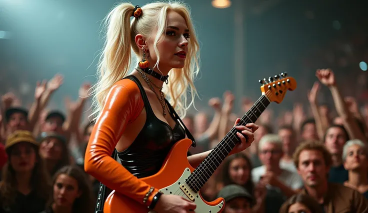 "8k, Canon EOS 1DX MKIII ,  A Panavision-style photo of Harley Quinn playing a Fender Stratocaster guitar in front of a crowd of people, Harley Quinn no mosh it,  shes a rock star ,  Harley Quinn highly detailed ,  guitar concept art ,  portrait of Harley ...