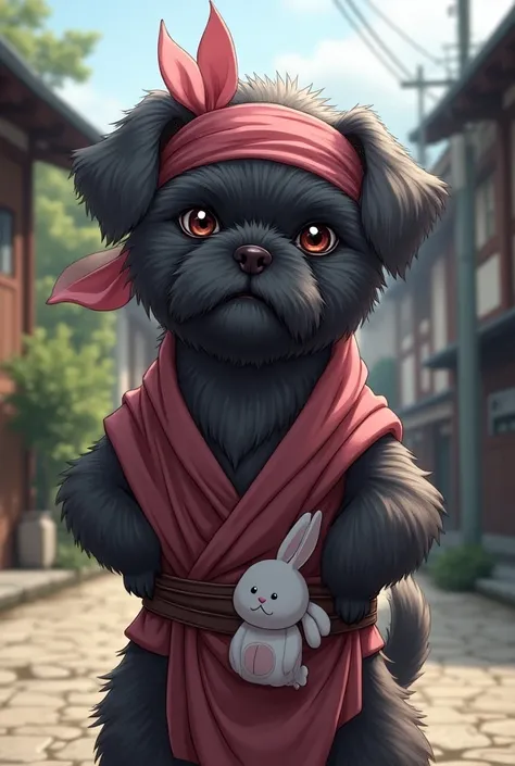  Realistic illustration of a slightly dark gray female Shitzu dog, drooping ears, with her pink ribbon on her head , challenging look, with konoha , Dressed as a ninja,  bandana with a small rabbit plush on her belt, and background of konoha 
