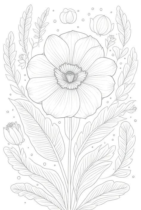 "Create a detailed boho coloring page centered around a large flower surrounded by an arrangement of leaves and smaller blooms. Include intricate line patterns within the petals and leaves, and weave in decorative elements like delicate feathers, spirals, ...