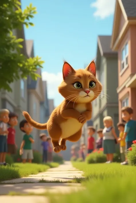 Com sua nova agilidade e coragem, Whiskers salva o gato, gaining the admiration of everyone in the neighborhood, incluindo aqueles que costumavam zombar dele. Estilo Disney Pixar 3D 