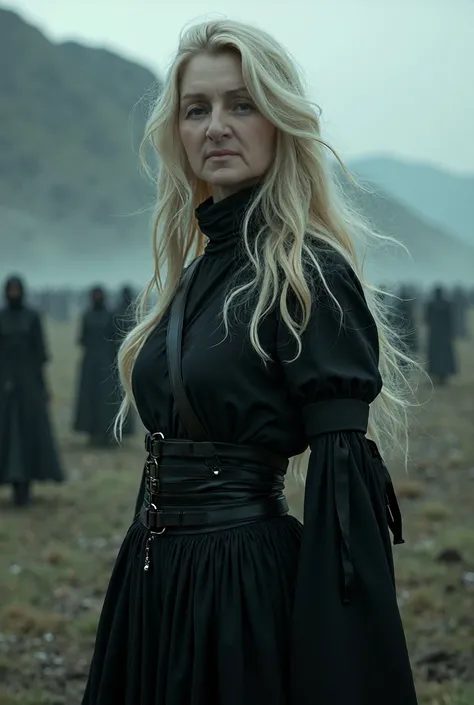 1 woman, hyperrealistic ,  High quality, beautiful, elegant, Blonde hair, blue eyes, in black post-apocalyptic clothes ,  in a post-apocalyptic world  ,with a black background,  with white and black people fighting in the background,  looking forward with ...