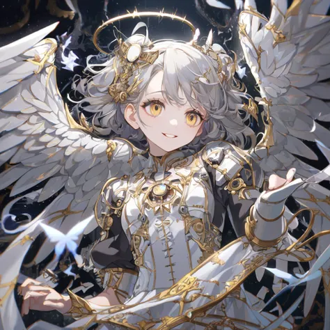 Absurd,anime,Detailed and beautiful eyes,(art),(artistic clothing:1.5),angel,gray hair,smile,(a girl:1.5),from the waist up,(small breasts:1.2),(small chest:1.2),mysterious,fallen Angel,Hello,(Large detailed hair ornament:1.2),(look away:1.5),detailed clot...