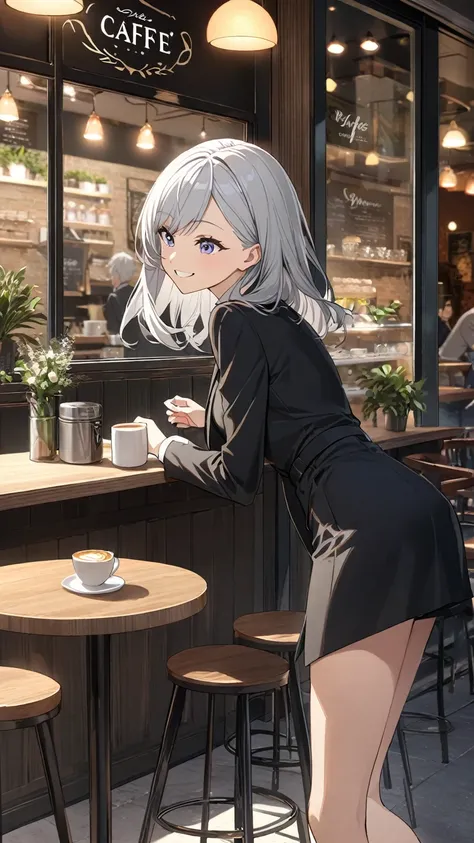  1 girl,  High Resolution , smile,  shortcuts,  textured skin,  Had, Silver Hair, amount, anime, Beauty, young, fine, Head to waist, fun,Facing forward,Stylish,Black suit, slender,Cafe,Aperture F1.2, 