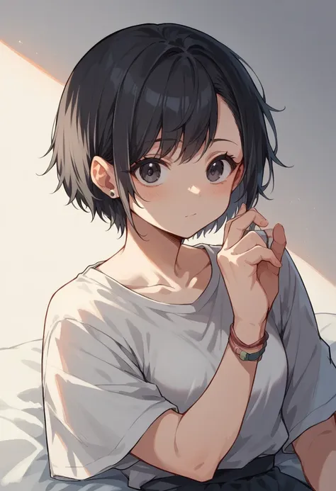 1girl, anime, cute, black hair, asymmetrical bob,  