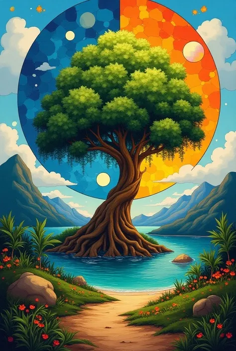 Perfect paradise and a yggdrasil in a yin and yang circle in the background with Picasso art in abstract colors