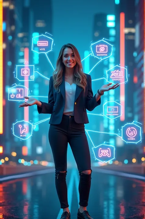 A confident, young woman in her early 20s, standing in front of a sleek, futuristic cityscape, with neon-lit buildings in the background. Shes dressed in modern, stylish tech-inspired attire. Her posture is poised and engaging as she speaks into the camera...