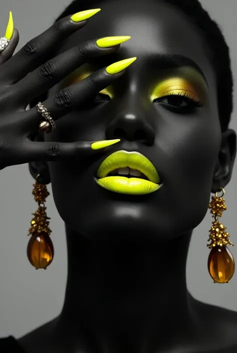 A striking black and white portrait of a woman, her (aidmafluxpro1.1, smooth, polished skin) contrasts with bright (glossy yellow lipstick) and matching (neon yellow nails). She raises her hand to cover her eyes, leaving her center of attention (glossy lip...