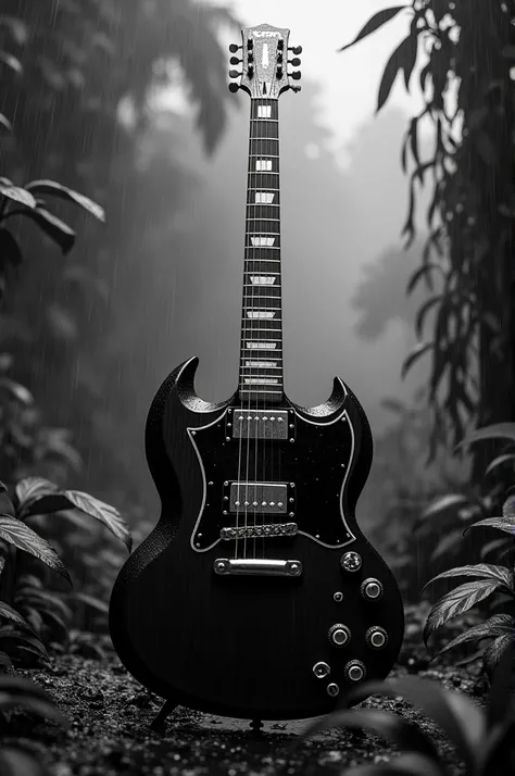 Black & White, Epiphone SG electric guitar, In the rain, Jungle Background, Realistic, Intricate details,Black and White style