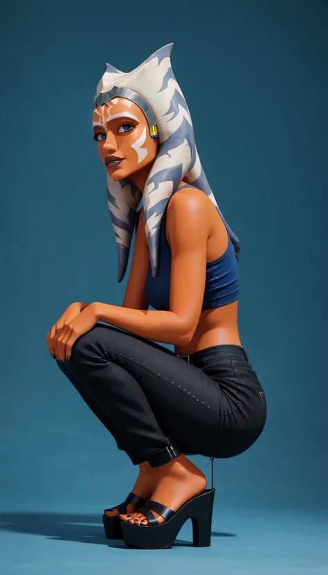 score_9, score_8_up, score_7_up, score_6_up, source_anime D-art, 1girl, solo, very sexy (Ahsoka, togruta, orange skin, white and blue montral horn, white facial markings, jedi, medium montral, rubbery montral:1.4), (variety of sexy outfits, pants, fashion ...