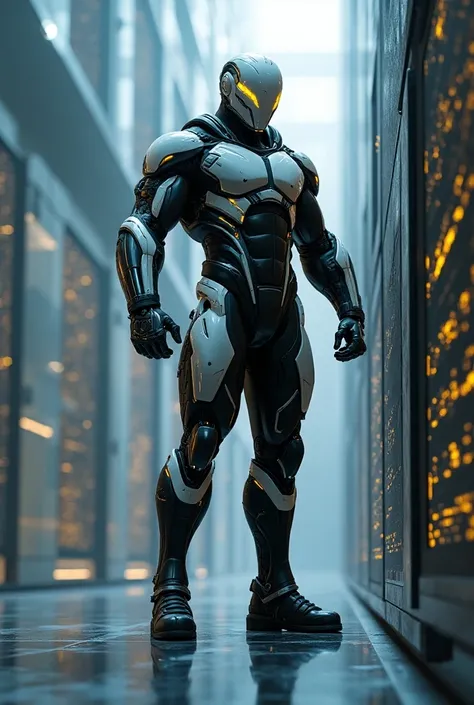 A Muscular Man, white & black cyber futuristic suit & mask, hacking a building with computer.