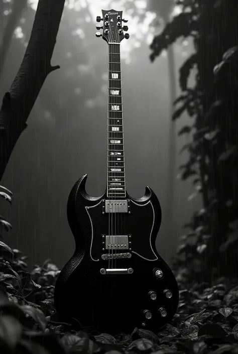 Black & White, Epiphone SG electric guitar, In the rain, Jungle Background, Realistic, Intricate details,Black and White style