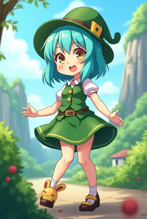  An anime cartoon of a female character looking like a leprechaun,  she has the body of an adult woman , But she is short ,  has long dark neon blue hair with a large fringe on the side,  honey-colored eyes and a small rabbit shoe 