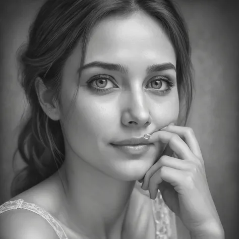 (a beautiful sketch,pencil drawings),(best quality,ultra-detailed,highres),(portrait),(monochrome sketch),(subtle lighting),(delicate lines),(expressive eyes,noble expression,subtle smile),(detailed hands on her chin),(romantic),(intense emotions),(elegant...