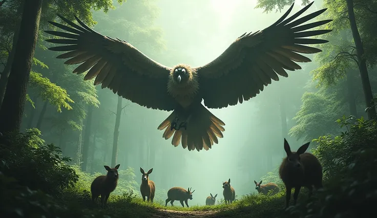 2. The Vultures Arrival

Scene description: A hungry vulture flying over the forest, scanning the ground for prey. The vulture looks tired and desperate as it hovers above the jungle, eyeing the small animals below.

Prompt: "A large, tired vulture soaring...