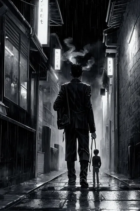 a boy walks with his back to the camera while smoking, smoke surrounds his body, dark city night atmosphere with rain
