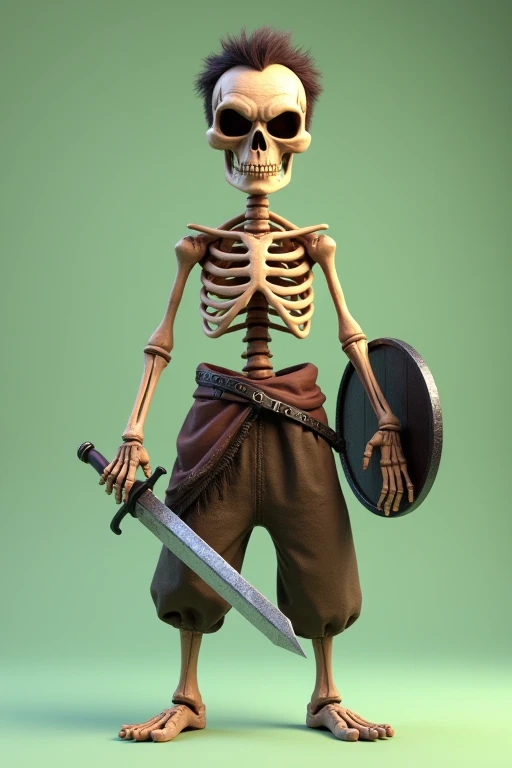 Front portrait, 3D animation style, full body, standing, human skeleton, menacing gesture, dark brown hair remains on skull, shirtless, dressed in dirty medieval pants rags, no shoes, carries a thick and sharp sword in his right hand, and a small metal shi...