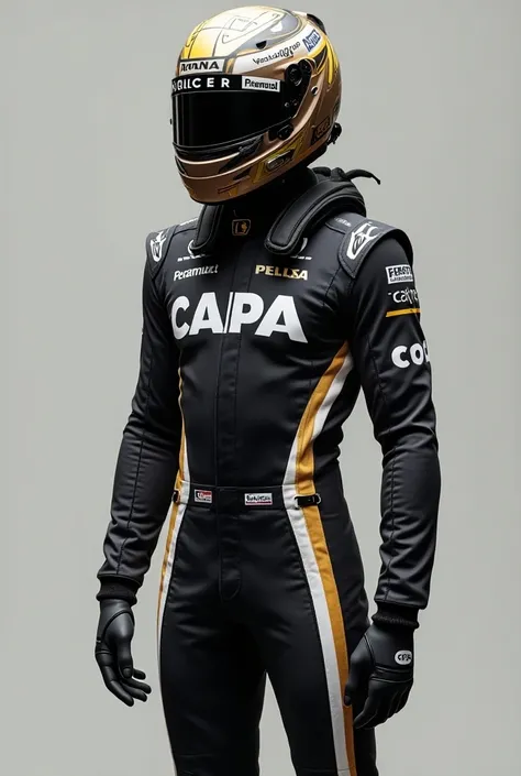  Create a Formula 1 suit with the colors dark gray white and gold, For the Monaco GP
With the capa team