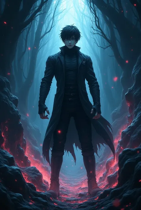 Dark shadows, dark evil hell of the underground hell ,dark fantasy art, dark, , vibrant, colorful, hyper detailed, vapor, beautiful, radiant, magical, cosmic, enchanted forest, eren yeager standing a bit muscular 