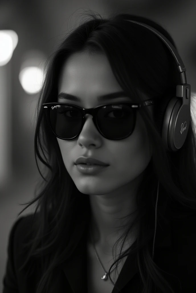 black and white photography, of a young woman, Listening to music with a headset, Ray Ban Sunglasses. Using cropeed and leaving .  Looking mysteriously .  Photograph taken from an ultra realistic professional Cannon camera, 8k.