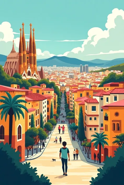 Affiche illustration flat colorée représentant la ville de Barcelone avec les principaux symboles de la ville en gros plan dans des couleurs très vives 