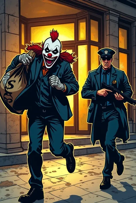  A vibrant and dynamic scene in the comic book style ,  with striking features and saturated colors . in the center of the image,  a thief wearing a clown mask is running out of a bank with a large bag of money on his back, clearly fleeing after a robbery ...