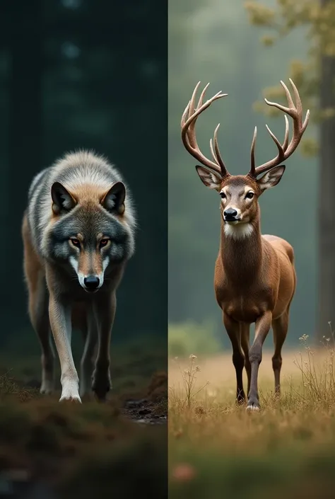 **Modified Prompt:**  
Create a side-by-side image of a grey wolf and a white-tailed deer. On the left, show the grey wolf standing or walking through dense forest undergrowth, its sharp eyes focused, and its body low as if stalking prey. On the right, dep...