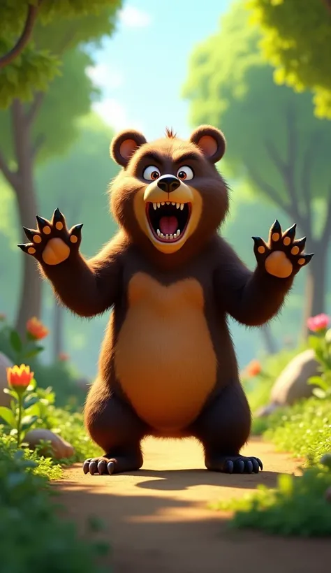 A vibrant and whimsical scene featuring an angry wild bear in a Pixar animation style, standing in the same colorful forest as the hunter. The bear has exaggerated features, with big expressive eyes, a wide mouth showing its sharp teeth, and fur rendered i...