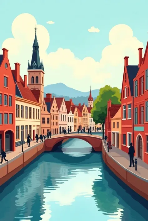 Affiche illustration flat colorée représentant la ville de Bruges avec les principaux symboles de la ville en gros plan dans des couleurs très vives 