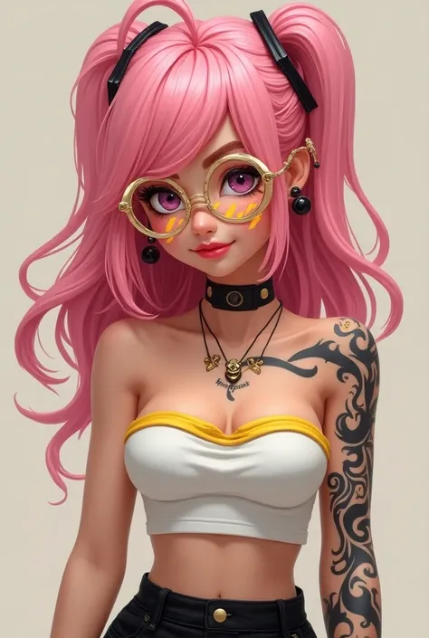  Cream-pink female gamer character with long hair, one part fastened with a long stripe and the other loosened , yellow tattoos on the body with a white strapless top  ,  wearing gold glasses with lines on the diagonal and pink lips Black pants 
