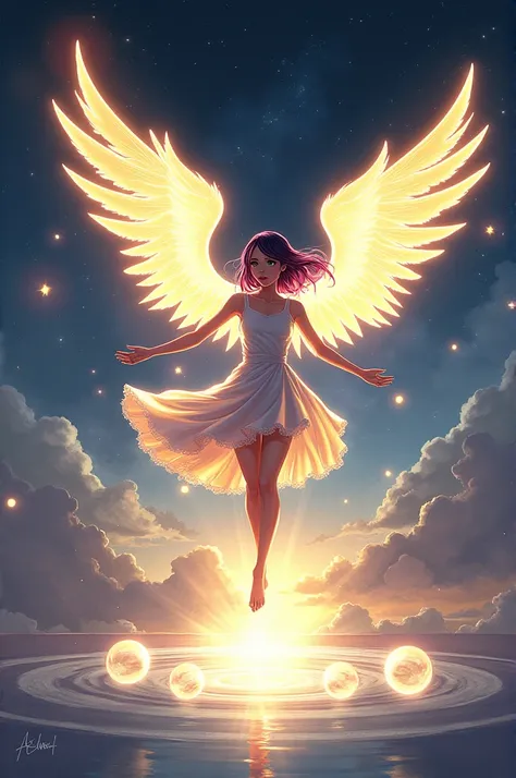  akio a girl with dark purple hair with pink highlights ,  raising petals and leaves that float in the air in elegant spirals .  With a simple movement of their arms ,  Her majestic angel wings ,  radiating a soft golden light .  With the wind intensifying...