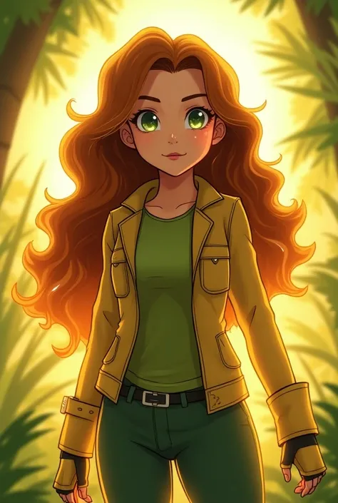 The scientist has long brown and wavy hair ,  with locks in shades of gold that resemble rays of the sun ,  resulting from exposure to intense solar radiation .  Her eyes are light green , Like new leaves ,  and her skin has a slight golden glow ,  that ap...