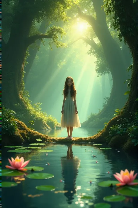 Pond inside a deep jungle and a girl
