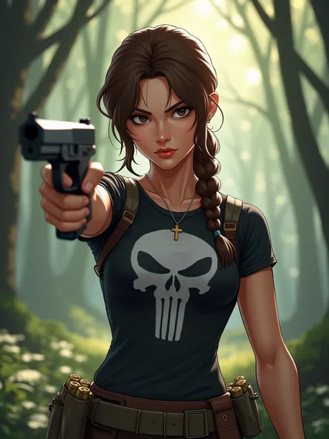 IMG_8293.CR2: ((Masterpiece)), ((ultra-detailed, 8k quality)), (high resolution), (best composition) — Hyperdetailed illustration of a female “Lara Croft” character, standing confidently in a softly lit forest. She wears a black top adorned with the Punish...